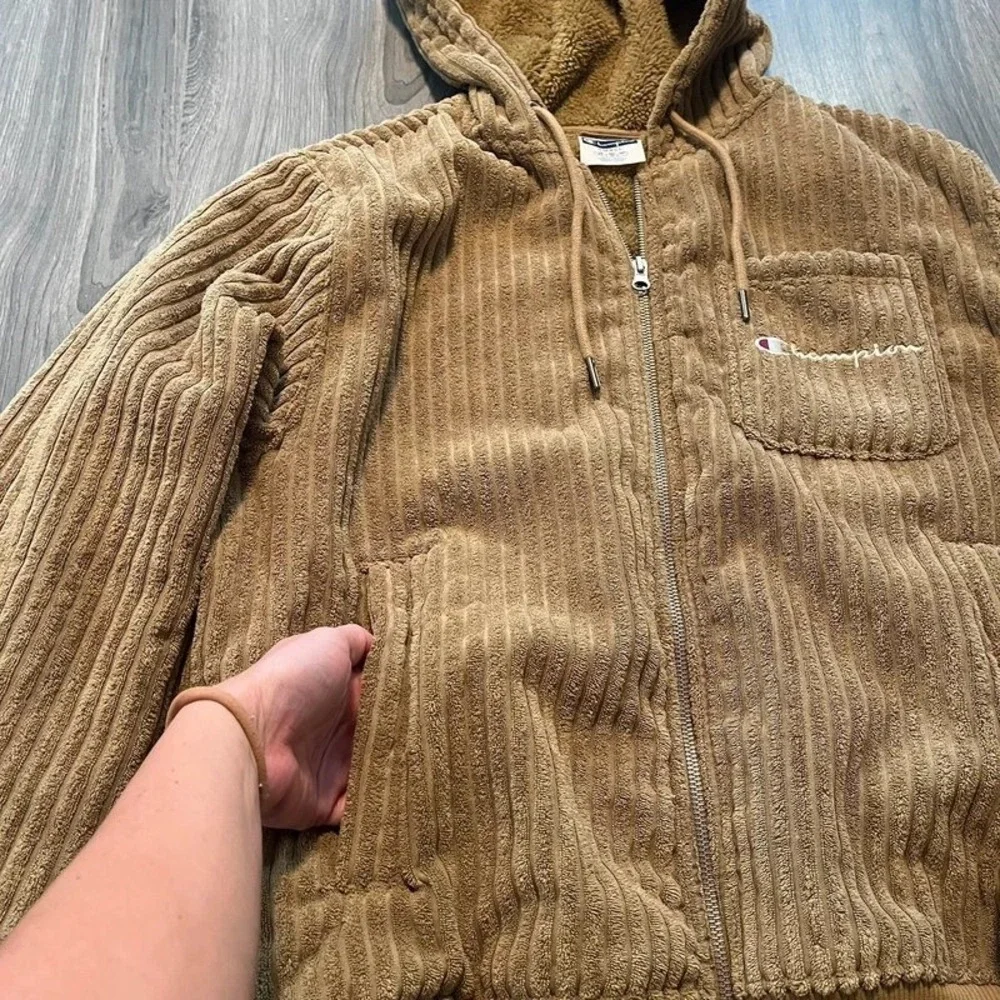 Champion Tan Corduroy Sherpa Lined Full Zip Hoodie Jacket Men's